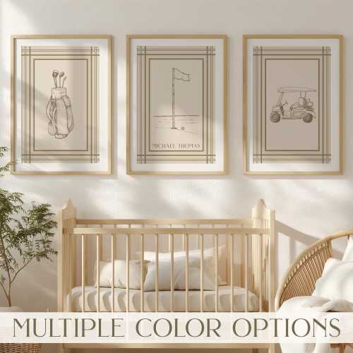 Golf Nursery Print Set of 3 Personalized Golf Wall Decor Baby Boy Golf Bedroom Decor Vintage Nursery Golf Art Print Custom Name Print Set