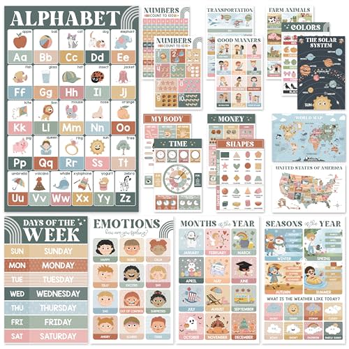 Educational Posters for Preschoolers - Laminated Pre-K and Kindergarten Learning Poster Charts for Toddlers 1-3-5 - Homeschool and Classroom Decor for Kids' Walls (18 Modern Boho Educational Posters)