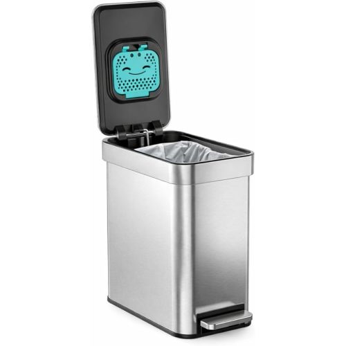 Home Zone Living 3 Gallon Small Trash Can with a Lid and Step Pedal, CleanAura, Odor Control, Stainless Steel with Slim Design for Home and Office, Silver, 10 Liters