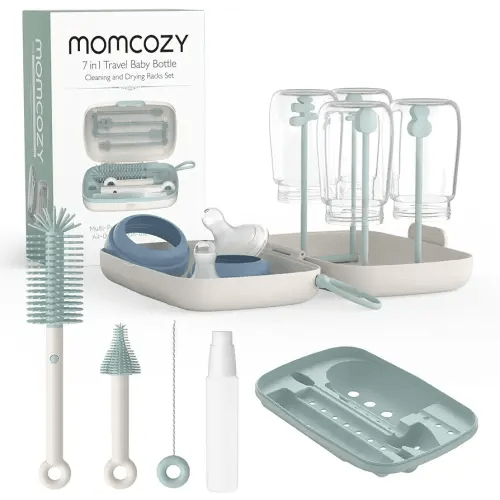 Momcozy Bottle Brush Set - Baby Bottle Cleaner Kit with Silicone Brush, Nipple Brush, Straw Brush, Soap Dispenser, Drying Rack - 7 in 1 Bottle Cleaning Tool for Home and Travel