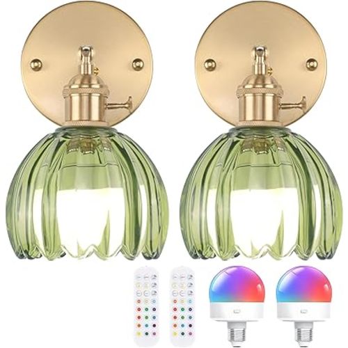 Vintage Battery Operated Wall Sconce with Cute Green Tulip Glass Lampshade Wireless Rechargeable Battery Powered Wall Light with Remote Control for Bedside Bedroom Doorway, Set of 2