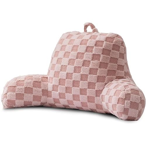 A Nice Night Faux Fur Reading Pillow,Checkered Fluffy Grid Plaid,Bed Wedge Pillow Large Adult Children Backrest with Arms for Bedrest,Pink