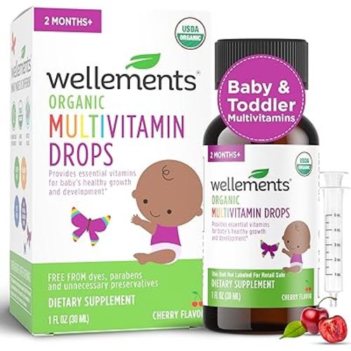 Wellements Organic Baby Multivitamin Drops (1 Fl Oz) - Cherry Flavor Liquid Multivitamins for Infants & Toddlers (2 Months+) - Toddler Vitamins for Immune Support*, Healthy Growth & Bone Development*