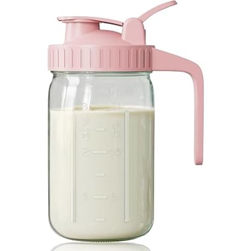 Breast Milk Pitcher, Mason Jar 32 oz, Heavy Duty Wide Mouth Jar with Pink Flip Cap Lid and Pour Spout, Airtight Seal for Freshness and Convenience, Great for Cold Beverages and Home Entertaining