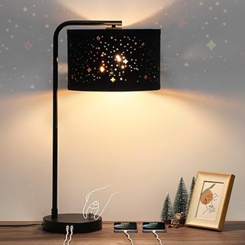 Bedside Table Lamp, Fully Dimmable Table Lamp with 2 USB Ports, Modern Nightstand Lamps with Stars Shade, USB Side Table Lamp, Tall Desk Reading Lamps for Living Room Bedroom 3000k LED Bulb Included