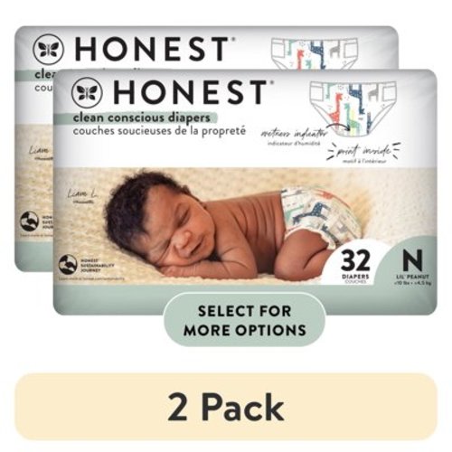 (2 pack) The Honest Company, Clean Conscious Disposable Baby Diapers, Giraffes Print, Size NB, 32 Count (Select for More Options)