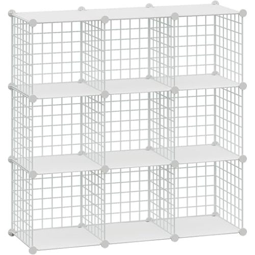 HUBSON Wire Cube Storage Organizer, Book/Toy/Craft/Potted Plants and petCloset Organizers and Storage Shelves, 9-Cube Freely Combinable Metal Grids Storage Shelf,White Plus Iron