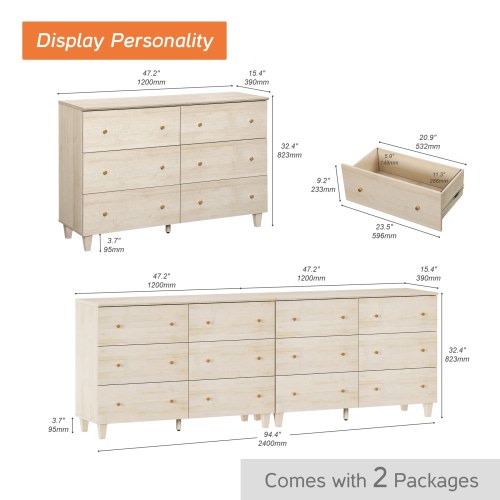 Wood Dresser with 6 Drawers for Bedroom, Closet, Nursery