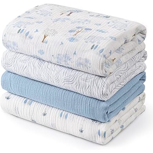 GLLQUEN BABY Muslin Swaddle Blankets,4-Pack Receiving Blanket for Newborn Boys and Girls,Baby Swaddle Blanket Unisex,Elephant Print,Baby Essentials,Bounce in the Blue, 40 x 38 inches