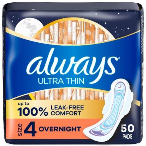 Always Ultra Thin Overnight Absorbency Unscented Pads with Wings - Size 4 - 50ct