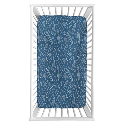 Surfboard Fitted Crib Sheet,Blue Waters Oceanic Elements Waves Swirls Doodle White Outlines Hobby Fun Times Microfiber Silky Soft Toddler Mattress Sheet Fitted,28"x 52"x 8'',Baby Sheet for Boys Girls