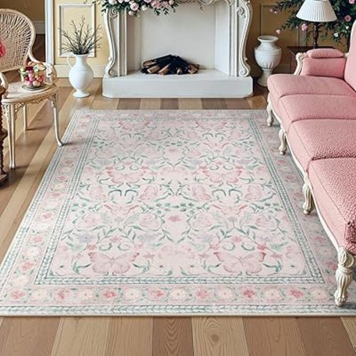 Lahome 5x7 Butterfly Pink Rugs for Bedroom, Soft Floral Washable Area Rug for Nursery Kids Room, Thin Insect Pink Boho Carpet Non Slip for Classroom Playroom Dorm Living Room