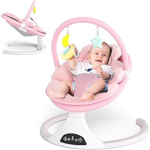 Electric Baby Swing with Remote Control - 5 Natural Motion Speeds, Detachable Seat Pad | Portable Infant Swing for Indoor/Outdoor Use (0-12M, 27lbs) (Pink)