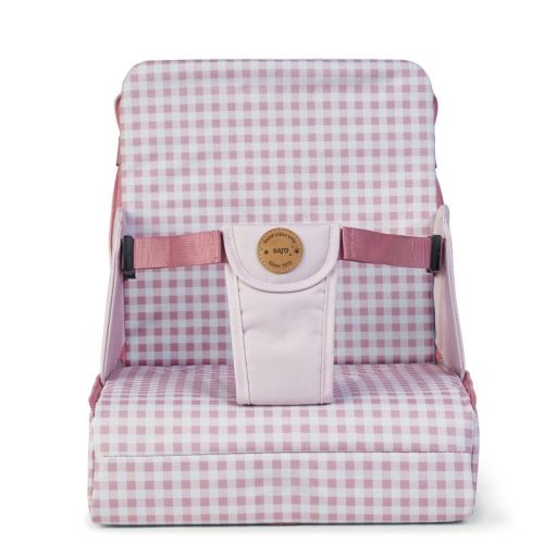 SARO Pink Vichy Booster Seat: Chic Travel High Chair for Baby Development - Portable Feeding Booster with Storage for Toddlers