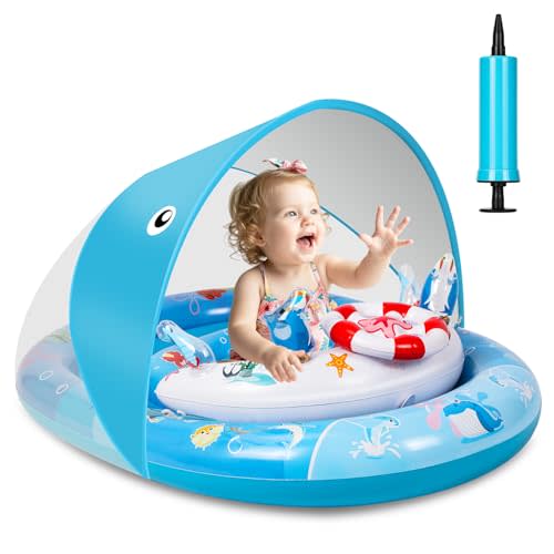 GleamJoy Baby Pool Float with UPF50+ Sun Protection Canopy, Inflatable Swimming Float for Baby 6-36 Months