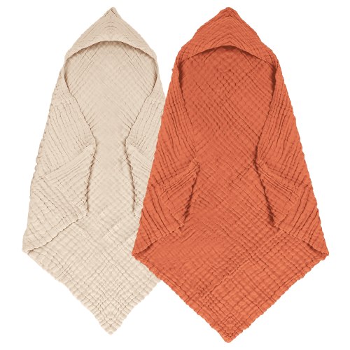 Xueyu 2 Pack Muslin Hooded Baby Towels, 100% Cotton Towel Baby Bath Towel with Hood for Babies, Infant, Toddler and Kids, Large Size 32×32 Inch, Highly Absorbent and Essential for Newborn Care