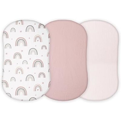 Muslin Bassinet Sheets Compatible with Halo Bassinest Swivel, Flex, Glide, Premiere and Luxe Series Sleeper, Pack 3, 33 X 17 Inch, Ultra Soft and Snug Fit, Unisex Boys Girls, Pink Rainbow