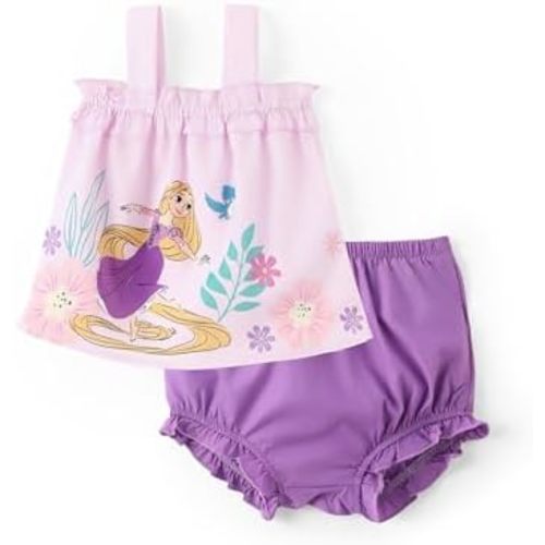 Disney Princess Baby Girl Clothes: Floral Sleeveless Ruffle Tunic Top & Bloomer Diaper Cover Set Newborn Summer Outfits
