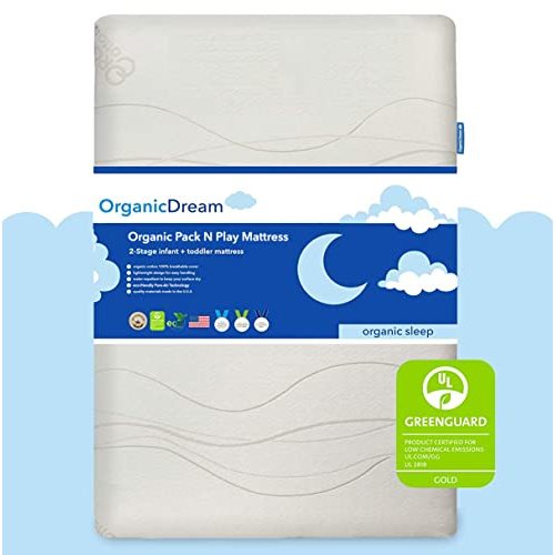 Organic Dream Pack and Play Mattress I [Dual-Sided] I Firm Infant Side + Memory Foam Toddler Side I Plush 100% Organic Cover I Fits Most Pack N Play Playpens and Playards