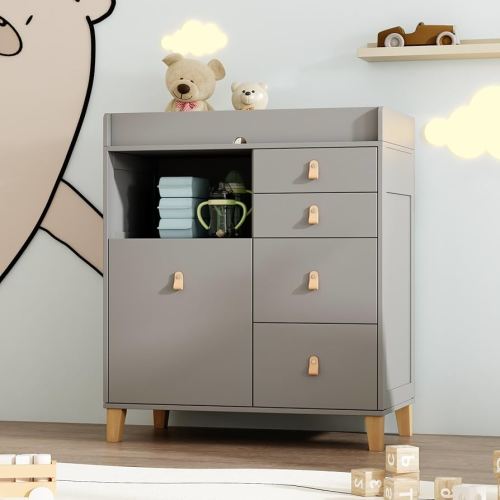 Baby Dresser with Changing Table Top, 5 Drawers Nursery Dresser with Removable Guard, Infant Diaper Changing Station Baby Cloth Organizer for Nursery and Kids Bedroom, Grey - 33.5"W