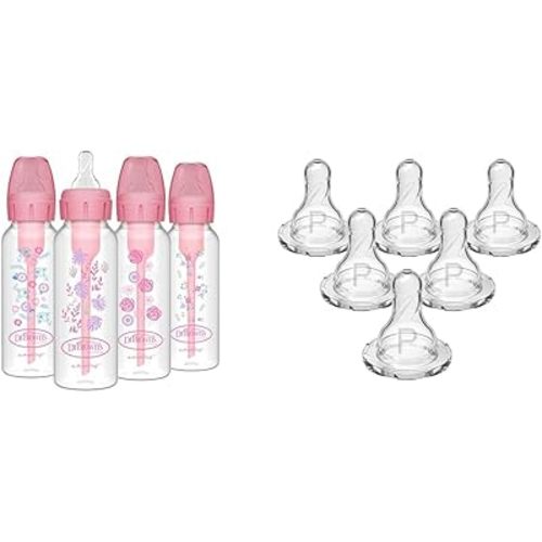Dr. Brown's Natural Flow Anti-Colic Options+ Narrow Baby Bottles, Floral Designs, 8oz/250mL, Pink, 0m+ & Dr. Brown’s Natural Flow Preemie Flow Narrow Baby Bottle Silicone Nipple, 6 Count
