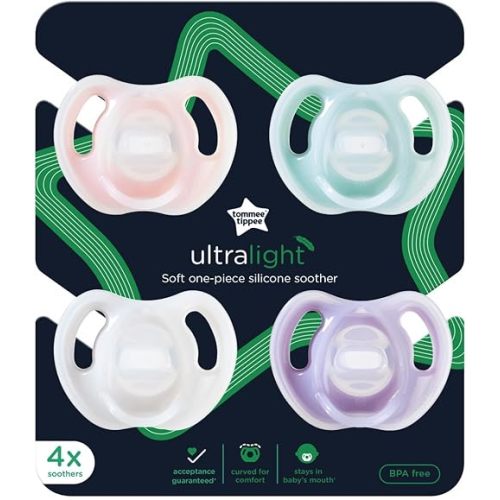 Tommee Tippee Ultra-Light Silicone Pacifier, 0-6 Months, Symmetrical One-Piece Design, BPA-Free Silicone Binkies, Pink/Purple/Green, Pack of 4
