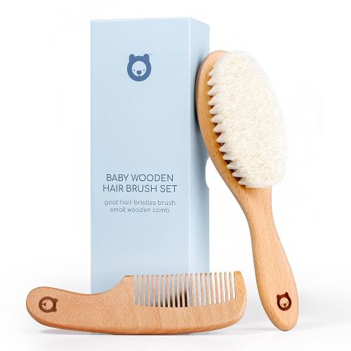 Wooden Hair Brush & Comb Set for Newborns & Toddlers - Ultra Soft Natural Goat Hair and Wood - Chic Gift Box (Oval Brush + Comb)