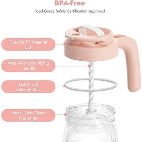 Papablic Glass Breastmilk Pitcher, Fast Baby Formula Maker with Mixing Handle Lid, Wide Mouth Mason Jar Breast Milk Storage Container with Flip-Lock Spout, BPA-Free, Pink.
