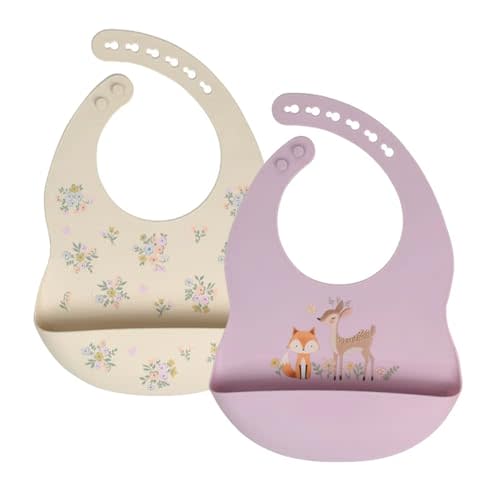 Little Rawr Baby Silicone Bibs 2 Sets Baby Bibs with Food Catcher for Girls Boys Toddlers BPA Free Waterproof Soft Durable