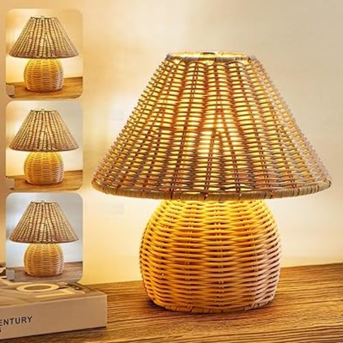 WERFOP Bamboo Table Lamp Handmade Boho Rattan Bedside Lamp,3 Colors Adjustable Vintage Wicker Wooden Nightstand Lamp with E26 Bulb for Bedroom Living Room Desk Entrance