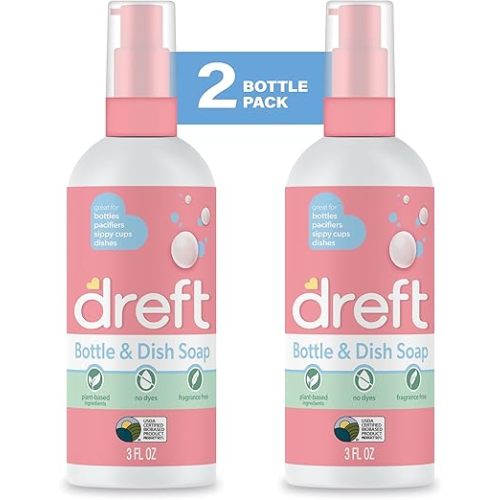 Dreft Bottle and Dish Soap | Made to Clean Baby Bottles, Sippy Cups, Pacifiers, Breast Pumps, & More | Gently Removes Milk Film & Odors | Plant Based, Fragrance Free Dish Soap | 3 Fl Oz (Pack of 2)