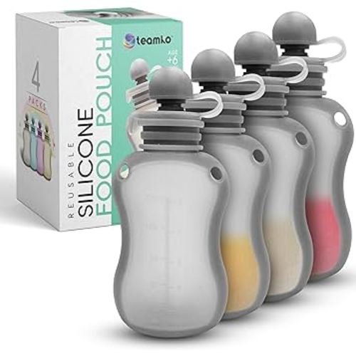 TEAMKO Silicone Reusable Baby Food Pouches: BPA-Free and Eco-Friendly, Baby Food Pouches Refillable for Feeding Essentials, 5 oz Reusable Pouches for Toddlers and Babies (4-Pack)