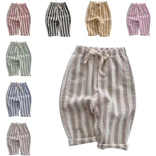 Boys' Cotton Linen Harem Bloomers Pants Elastic Waist Jogger Pants Kids Casual Striped Trousers Infant Long Sweatpants
