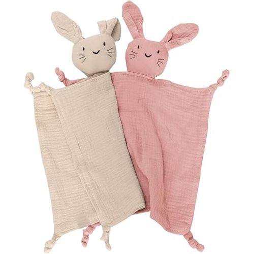 Organic Cotton Muslin Bunny Lovey Blanket, Soft & Breathable Security Blanket for Newborns, Unique Baby Gifts for Boys and Girls, 2 Pcs Set (Pink&Khaki)