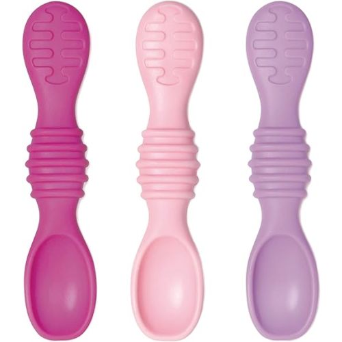 Bumkins Baby Utensil Set, Silicone Trainer Spoons for Dipping, Soft Tip, Self-Feeding, Chew, Baby Led Weaning, First Year Training Supplies, Essentials Learning Eating, 4 Mos, 3-pk Pink and Lavender