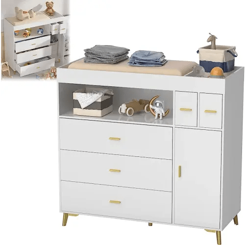PakaLife Changing Table with Drawers, White Drawer Dresser,Changing Table Dresser with 5 Drawer & Cabinet