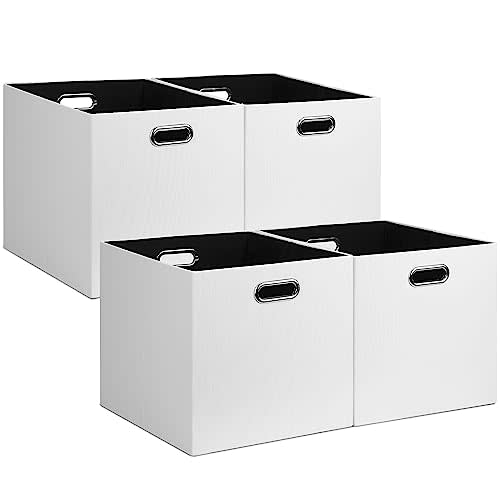 Posprica 13x15x13in Collapsible Storage Bins, Fabric Foldable Cube Storage Boxes, Decorative Storage Baskets Organizer for IKEA Kallax, Shelves, Closet, Clothes, Toy, Set of 4-White