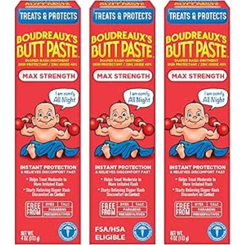 Boudreaux’s Butt Paste Max Strength Diaper Rash Cream for Baby, Ointment With Zinc Oxide, 4 oz Tubes, 3 Pack