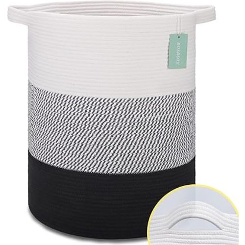 BOSROTY Large Laundry Hamper for Girls Boys Kids 72L, Nursery Hamper, Tall Laundry Basket, Cotton Rope Woven Blanket Basket for Storage Toys Clothes Towels, 16”x 22”, White & Gray & Black