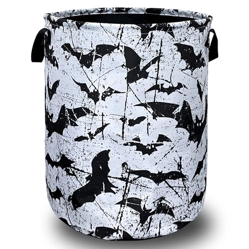 Black White Bats Laundry Basket Foldable With Handles Universal Tote Bag Oxford Cloth Funny Laundry Hamper 18.9" x 16.5" Clothes Storage Bucket Toy Organizer For Bathroom/Laundry/Bedroom