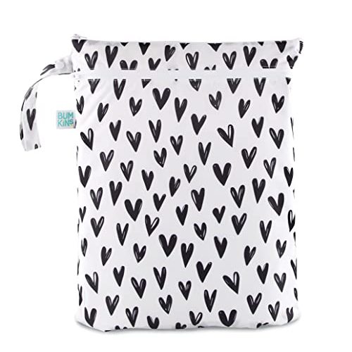 Bumkins Waterproof Wet Dry Bag for Baby, Travel, Swim Suit, Cloth Diapers, Pump Parts, Pool, Gym Clothes, Toiletry, Strap to Stroller, Daycare, Zip Reusable Bag, Wetdry Packing Pouch, Black Hearts