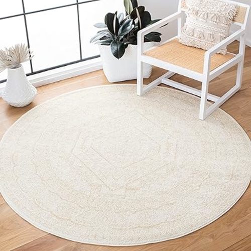 SAFAVIEH Adirondack Collection Area Rug - 6' Round, Ivory & Beige, Oriental Medallion Design, Non-Shedding & Easy Care, Ideal for High Traffic Areas in Living Room, Bedroom (ADR108E)