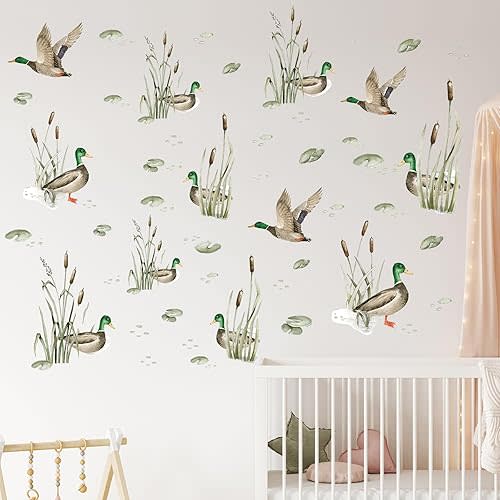 24 Pcs Mallard Duck Baby Wall Stickers Removable Waterproof PVC Decals Duck Hunting Birthday Party Decorations One Lucky Duck Wall Decals for Nursery Baby Bedroom Living Room Murals