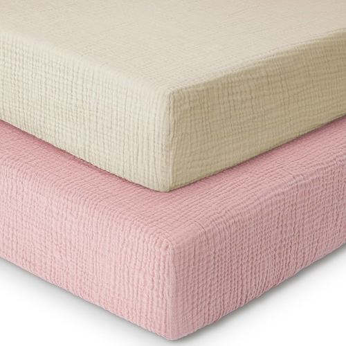 Yoofoss Muslin Crib Sheets for Boys & Girls - 100% Cotton Fitted Baby & Toddler Sheet - 2 Pack - Soft & Breathable - Standard & Toddler Mattress - 52"x28" - Apricot & Pink