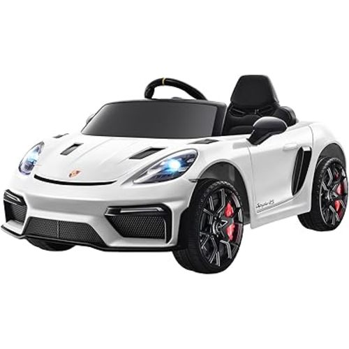 12V Ride on Car Licensed Porsche 718, Kids Electric Car with Remote Control, Front/Rear LED Light, Radio, USB/AUX, Openable Doors, Suspension Function, Durable Tires (White)