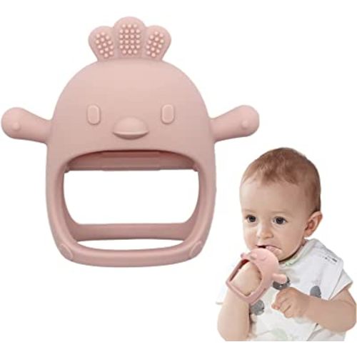 Chick Shape Baby Teething Toys, Never Drop Hand Wrist Teether, Baby Chew Toys for Sucking Needs, Food-Grade Silicone Baby Mitten Teether for Soothing Teething Pain Relief, Easy to Grip(Light Pink)