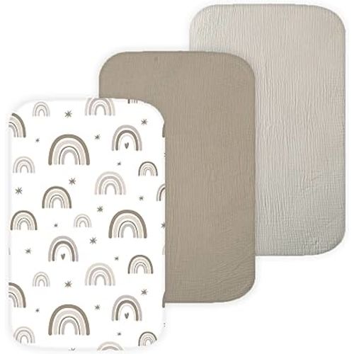 Muslin Bassinet Sheets Compatible with AMKE, Angel Bliss, Baby Joy, Maxi-COSI Baby Bedside Sleeper TansyPanda, 3 Pack, 20×33 in, Ultra Soft, Breathable, Snug Fit, Unisex Boys and Girls, Green Rainbow