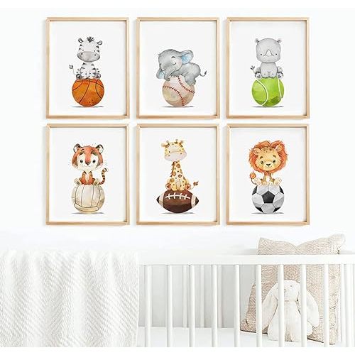 Baby Boy Wall Art Set of 6 Nursery Sports Prints Decor Nursery Animal Wall Art Boys Nursery Canvas Wall Art Jungle Safari Wall Art Boy Room Bedroom Art Woodland Animal Pictures 8x10 Inch UNFRAMED