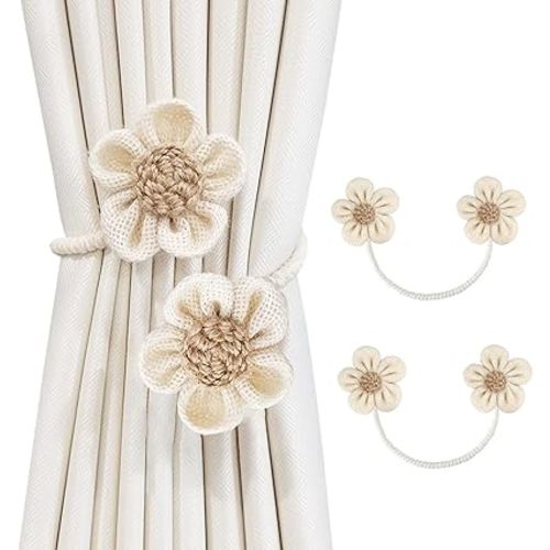 SRG Rope Curtain Tiebacks 2 Pack | Sunflower Curtain Tieback Boho | Simple Elegant DIY Curtain Holdbacks | Accessories Wall Decoration for Home Office(Cream)