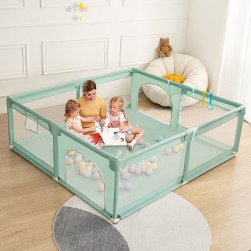 GOTGELIF 71"x59" 4-Panel Baby Playpen Spacious & Secure Foldable Playard Green